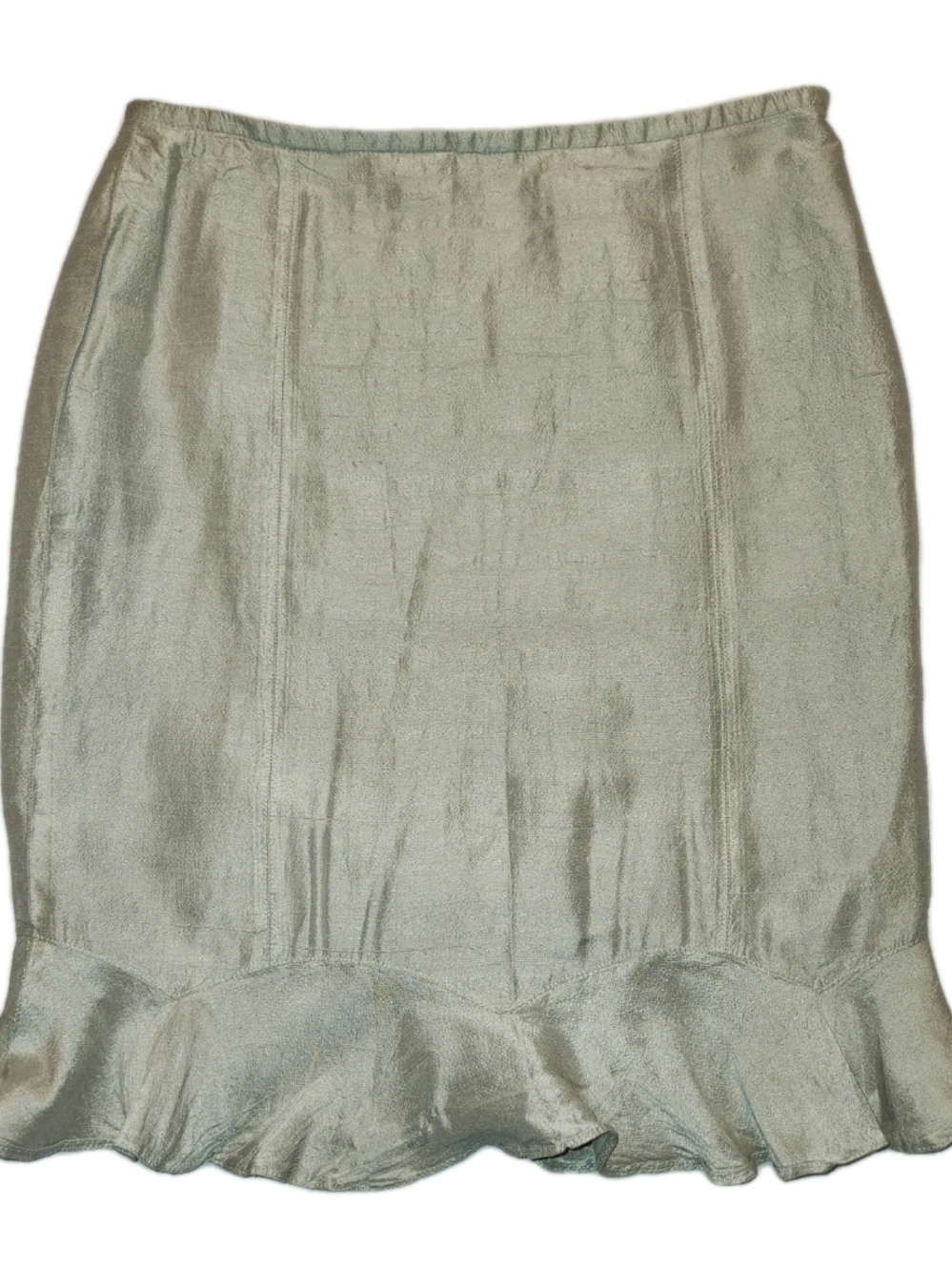 Armani Vintage Metallic Green Silver Pencil Skirt with Ruffle Hem Lined Italian